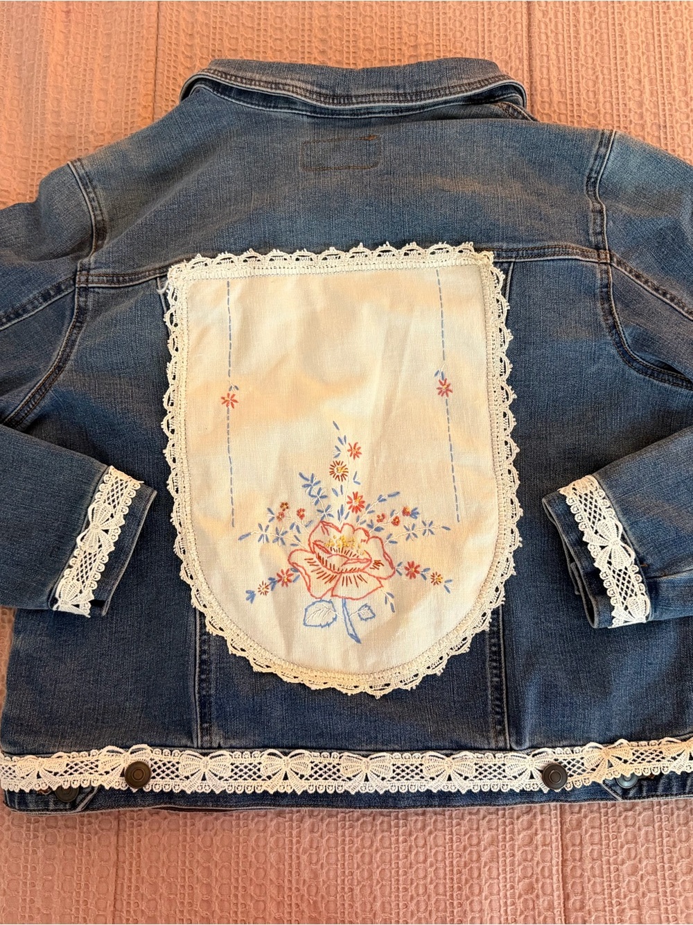 Ladies Denim Jacket with Vintage Floral Lace Back Panel